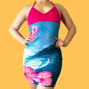 Y2K BLUE CRUSH HAWAIIAN PRINT FLORAL HALTER DRESS